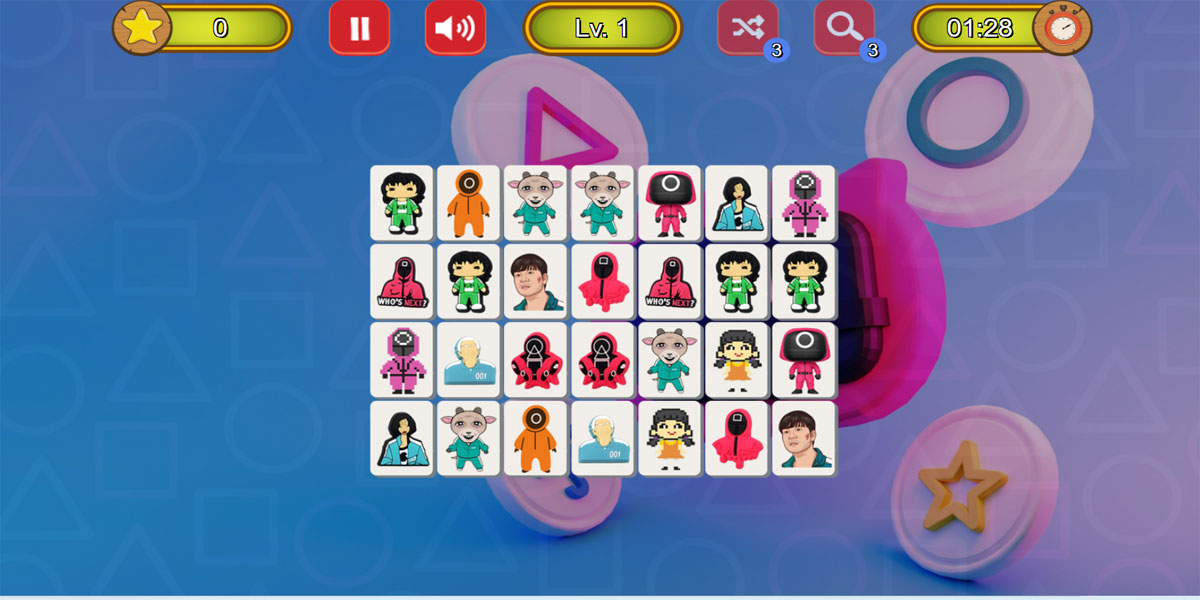 Squid Mahjong Connect 2 : Y8 เชื่อมต่อรูปภาพของตัวละครที่เหมือนกัน 2 แผ่นและล้างออกไปจากกระดาน