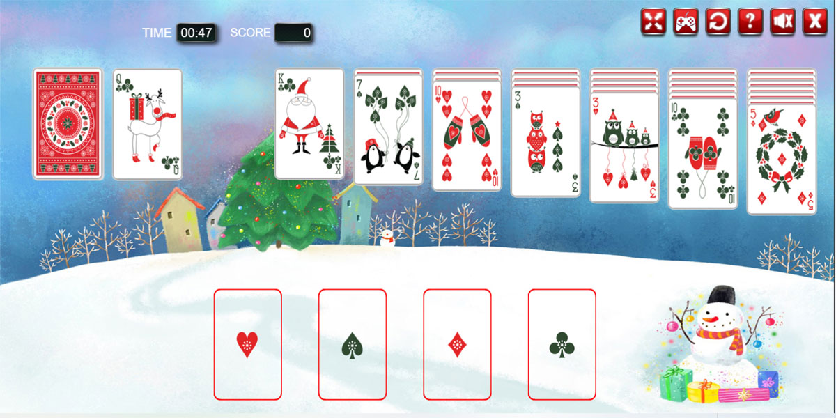 Christmas Klondike Solitaire : Y8 เกมไขปริศนาเรียงไพ่ให้ถูกต้องและทำลายออกไปจากกระดานเกมที่มาในโหมดผู้เล่นคนเดียว